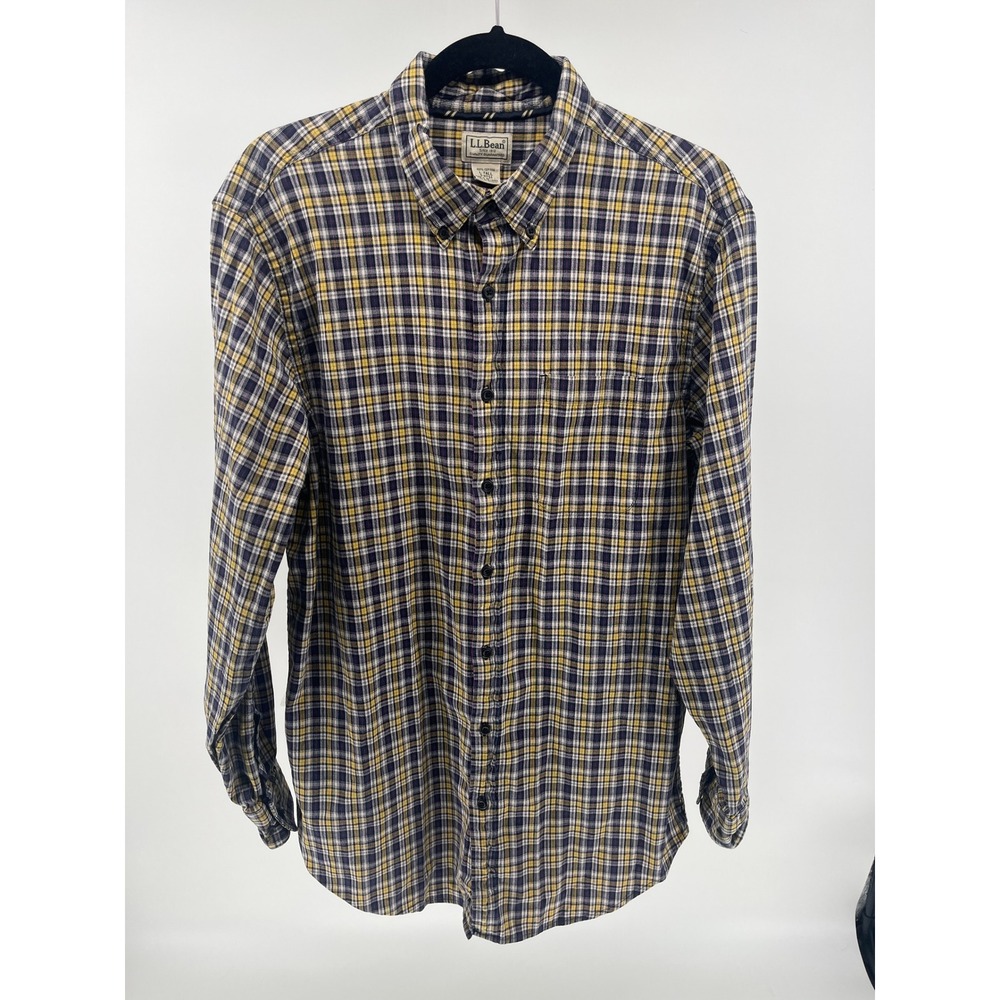 LL Bean Mens Large Tall L-Tall Plaid Button Down‎ Shirt Cotton Navy Yellow OHTS1